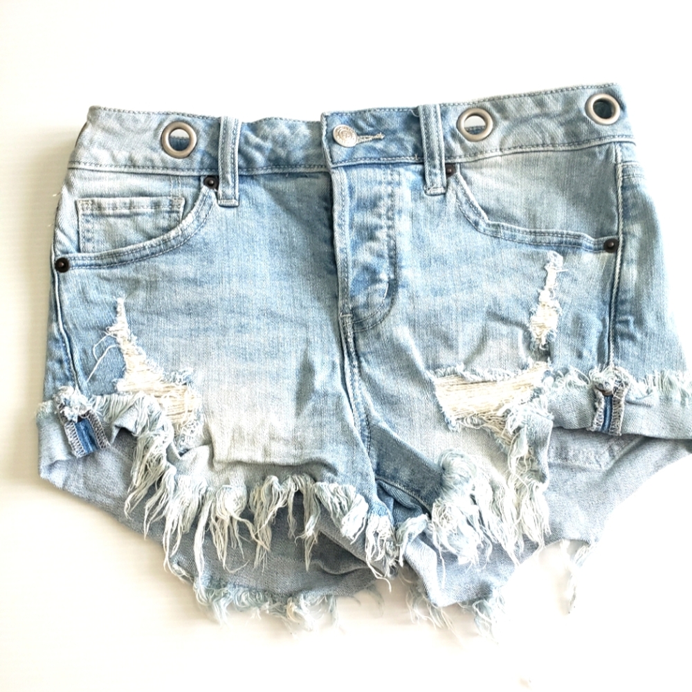 Altar'd State Distressed Light Blue Denim Shorts